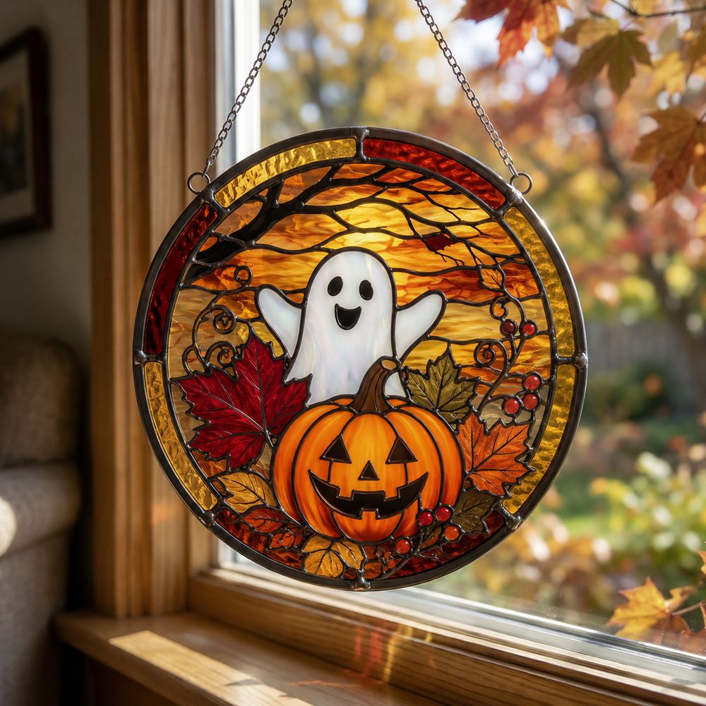 Fall Ghost Stained Glass Suncatcher, Pumpkin Maples Leaves Window Hanging, Autumn Halloween Decor, Fall Vibes Gift - Style 5