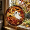 Fall Ghost Stained Glass Suncatcher, Pumpkin Maples Leaves Window Hanging, Autumn Halloween Decor, Fall Vibes Gift - Style 6