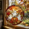 Fall Ghost Stained Glass Suncatcher, Pumpkin Maples Leaves Window Hanging, Autumn Halloween Decor, Fall Vibes Gift - Style 7