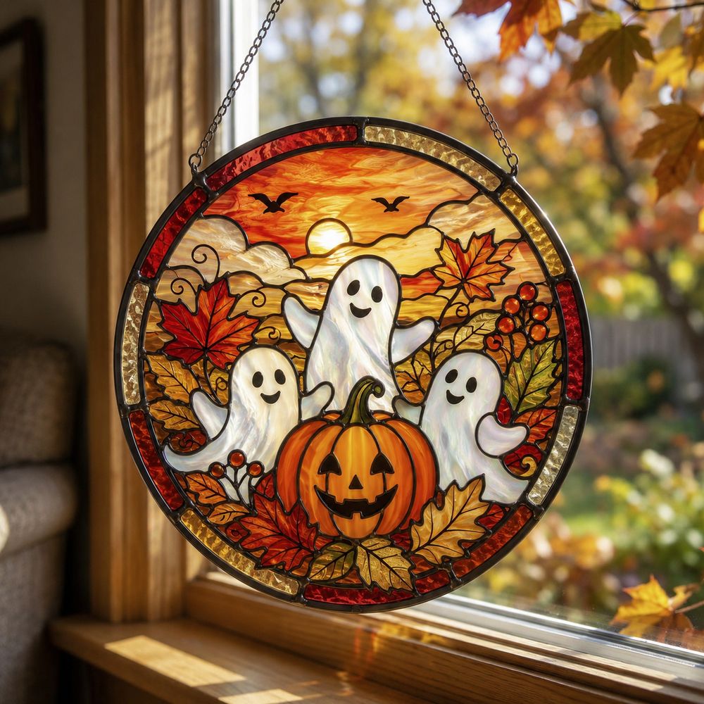 Fall Ghost Stained Glass Suncatcher, Pumpkin Maples Leaves Window Hanging, Autumn Halloween Decor, Fall Vibes Gift - Style 7