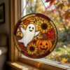 Fall Ghost Stained Glass Suncatcher, Pumpkin Maples Leaves Window Hanging, Autumn Halloween Decor, Fall Vibes Gift - Style 8