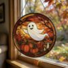 Fall Ghost Stained Glass Suncatcher, Pumpkin Maples Leaves Window Hanging, Autumn Halloween Decor, Fall Vibes Gift - Style 9