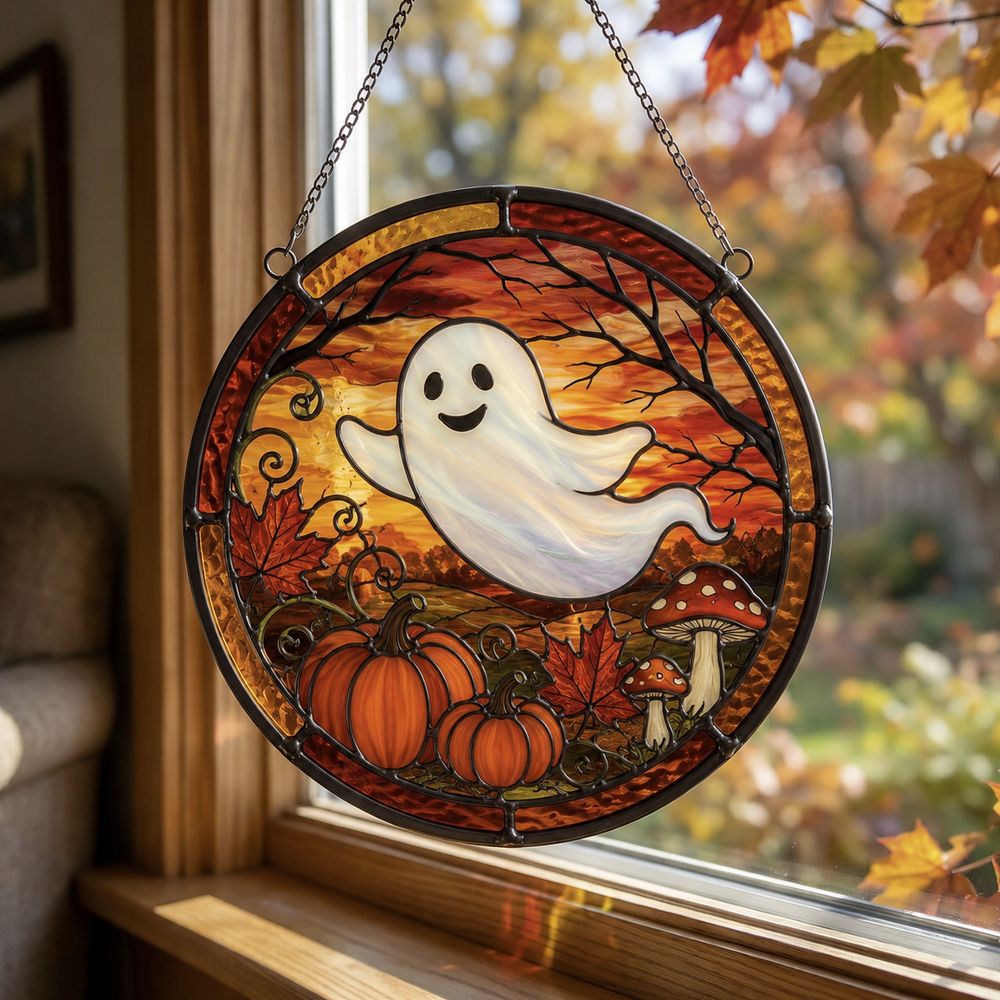 Fall Ghost Stained Glass Suncatcher, Pumpkin Maples Leaves Window Hanging, Autumn Halloween Decor, Fall Vibes Gift - Style 9