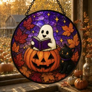 Ghost And Black Cat Glass Suncatcher, Halloween Pumpkin Window Hanging, Floral Ghost Decor, Spooky Season Suncatcher, Halloween Home Decor - Style 1