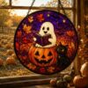 Ghost And Black Cat Glass Suncatcher, Halloween Pumpkin Window Hanging, Floral Ghost Decor, Spooky Season Suncatcher, Halloween Home Decor - Style 10
