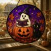 Ghost And Black Cat Glass Suncatcher, Halloween Pumpkin Window Hanging, Floral Ghost Decor, Spooky Season Suncatcher, Halloween Home Decor - Style 2
