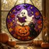Ghost And Black Cat Glass Suncatcher, Halloween Pumpkin Window Hanging, Floral Ghost Decor, Spooky Season Suncatcher, Halloween Home Decor - Style 3