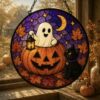 Ghost And Black Cat Glass Suncatcher, Halloween Pumpkin Window Hanging, Floral Ghost Decor, Spooky Season Suncatcher, Halloween Home Decor - Style 4