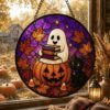 Ghost And Black Cat Glass Suncatcher, Halloween Pumpkin Window Hanging, Floral Ghost Decor, Spooky Season Suncatcher, Halloween Home Decor - Style 5