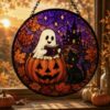 Ghost And Black Cat Glass Suncatcher, Halloween Pumpkin Window Hanging, Floral Ghost Decor, Spooky Season Suncatcher, Halloween Home Decor - Style 6