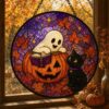 Ghost And Black Cat Glass Suncatcher, Halloween Pumpkin Window Hanging, Floral Ghost Decor, Spooky Season Suncatcher, Halloween Home Decor - Style 7