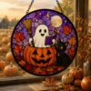 Ghost And Black Cat Glass Suncatcher, Halloween Pumpkin Window Hanging, Floral Ghost Decor, Spooky Season Suncatcher, Halloween Home Decor - Style 8