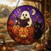 Ghost And Black Cat Glass Suncatcher, Halloween Pumpkin Window Hanging, Floral Ghost Decor, Spooky Season Suncatcher, Halloween Home Decor - Style 9