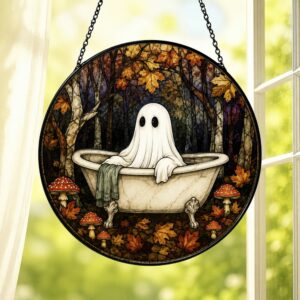 Ghost In Bathtub Stained Glass Suncatcher, Halloween Window Decor, Spooky Autumn Art Hanging Ornament - Style 1