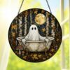 Ghost In Bathtub Stained Glass Suncatcher, Halloween Window Decor, Spooky Autumn Art Hanging Ornament - Style 10