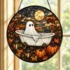 Ghost In Bathtub Stained Glass Suncatcher, Halloween Window Decor, Spooky Autumn Art Hanging Ornament - Style 2
