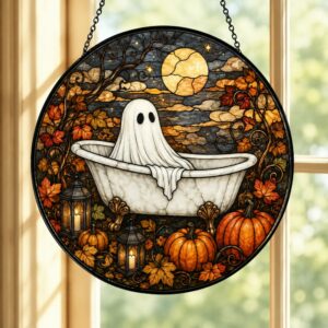 Ghost In Bathtub Stained Glass Suncatcher, Halloween Window Decor, Spooky Autumn Art Hanging Ornament - Style 2