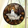 Ghost In Bathtub Stained Glass Suncatcher, Halloween Window Decor, Spooky Autumn Art Hanging Ornament - Style 3