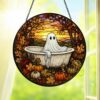 Ghost In Bathtub Stained Glass Suncatcher, Halloween Window Decor, Spooky Autumn Art Hanging Ornament - Style 5
