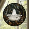 Ghost In Bathtub Stained Glass Suncatcher, Halloween Window Decor, Spooky Autumn Art Hanging Ornament - Style 6
