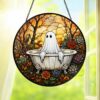 Ghost In Bathtub Stained Glass Suncatcher, Halloween Window Decor, Spooky Autumn Art Hanging Ornament - Style 7