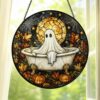 Ghost In Bathtub Stained Glass Suncatcher, Halloween Window Decor, Spooky Autumn Art Hanging Ornament - Style 8
