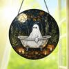 Ghost In Bathtub Stained Glass Suncatcher, Halloween Window Decor, Spooky Autumn Art Hanging Ornament - Style 9