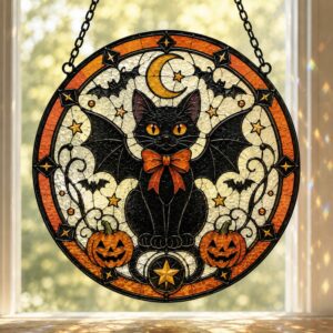 Gothic Vampire Cat Suncatcher Stained Glass Style, Halloween Bat Cat Decor, Spooky Window Art, Witchy Gift For Cat Lovers, Halloween Gifts - Style 1