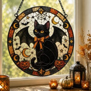 Gothic Vampire Cat Suncatcher Stained Glass Style, Halloween Bat Cat Decor, Spooky Window Art, Witchy Gift For Cat Lovers, Halloween Gifts - Style 2