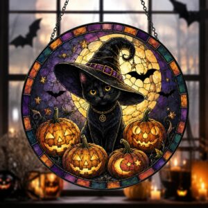 Halloween Black Cat Suncatcher Stained Glass, Black Cat, Halloween Night Decor, Cat Halloween, Cat Suncatcher, Cat Lovers Gift - Style 1