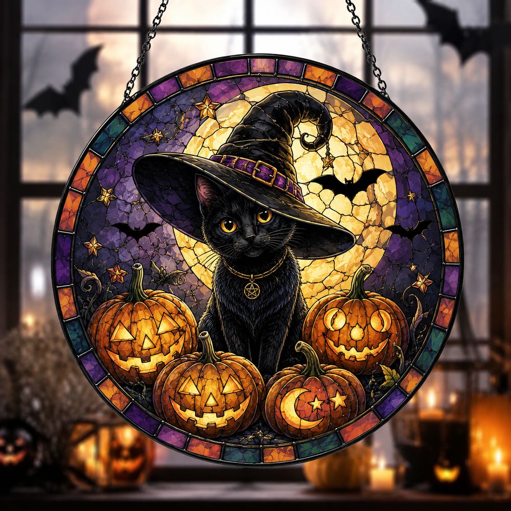 Halloween Black Cat Suncatcher Stained Glass, Black Cat, Halloween Night Decor, Cat Halloween, Cat Suncatcher, Cat Lovers Gift - Style 1