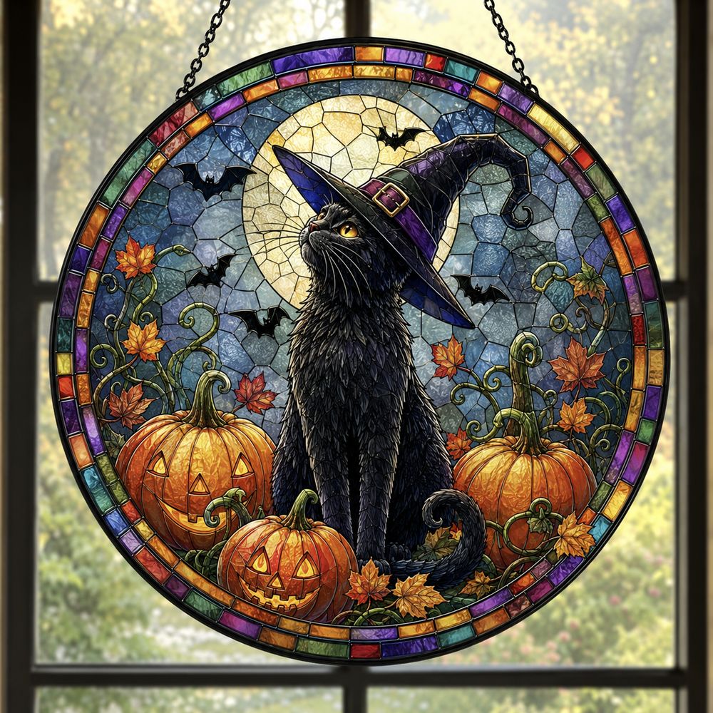 Halloween Black Cat Suncatcher Stained Glass, Black Cat, Halloween Night Decor, Cat Halloween, Cat Suncatcher, Cat Lovers Gift - Style 10