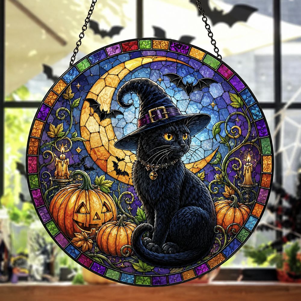 Halloween Black Cat Suncatcher Stained Glass, Black Cat, Halloween Night Decor, Cat Halloween, Cat Suncatcher, Cat Lovers Gift - Style 2