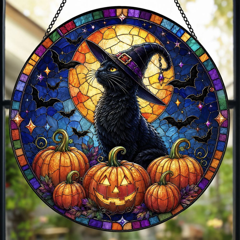 Halloween Black Cat Suncatcher Stained Glass, Black Cat, Halloween Night Decor, Cat Halloween, Cat Suncatcher, Cat Lovers Gift - Style 5