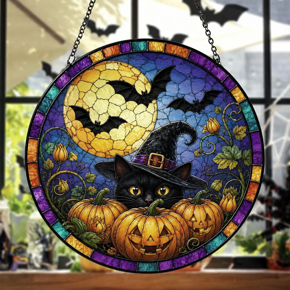 Halloween Black Cat Suncatcher Stained Glass, Black Cat, Halloween Night Decor, Cat Halloween, Cat Suncatcher, Cat Lovers Gift - Style 6