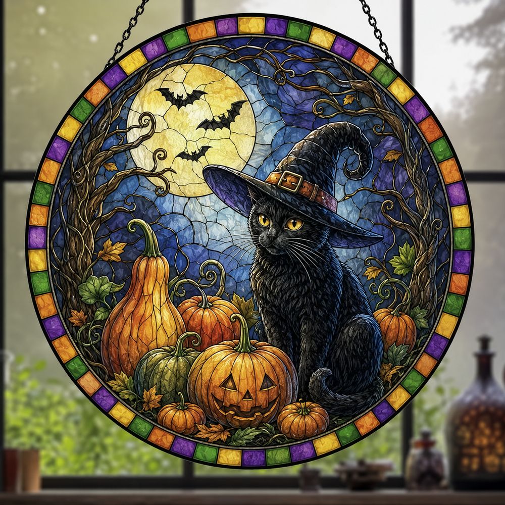 Halloween Black Cat Suncatcher Stained Glass, Black Cat, Halloween Night Decor, Cat Halloween, Cat Suncatcher, Cat Lovers Gift - Style 8