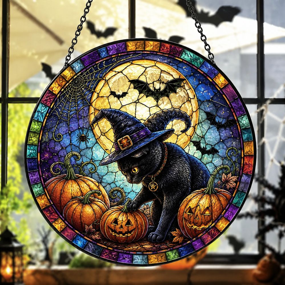Halloween Black Cat Suncatcher Stained Glass, Black Cat, Halloween Night Decor, Cat Halloween, Cat Suncatcher, Cat Lovers Gift - Style 9