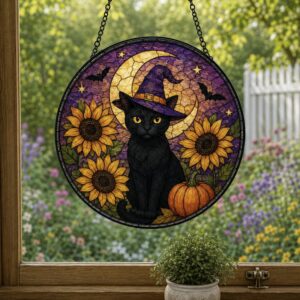 Halloween Black Cat Sunflower Suncatcher, Stained Glass Style Window Hanging, Witch Cat Moon Decor, Fall Sunflower Halloween Gift - Style 1