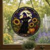 Halloween Black Cat Sunflower Suncatcher, Stained Glass Style Window Hanging, Witch Cat Moon Decor, Fall Sunflower Halloween Gift - Style 10