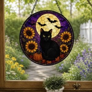Halloween Black Cat Sunflower Suncatcher, Stained Glass Style Window Hanging, Witch Cat Moon Decor, Fall Sunflower Halloween Gift - Style 2