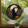 Halloween Black Cat Sunflower Suncatcher, Stained Glass Style Window Hanging, Witch Cat Moon Decor, Fall Sunflower Halloween Gift - Style 3