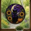 Halloween Black Cat Sunflower Suncatcher, Stained Glass Style Window Hanging, Witch Cat Moon Decor, Fall Sunflower Halloween Gift - Style 4