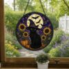Halloween Black Cat Sunflower Suncatcher, Stained Glass Style Window Hanging, Witch Cat Moon Decor, Fall Sunflower Halloween Gift - Style 5