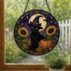 Halloween Black Cat Sunflower Suncatcher, Stained Glass Style Window Hanging, Witch Cat Moon Decor, Fall Sunflower Halloween Gift - Style 6