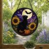Halloween Black Cat Sunflower Suncatcher, Stained Glass Style Window Hanging, Witch Cat Moon Decor, Fall Sunflower Halloween Gift - Style 7