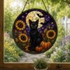 Halloween Black Cat Sunflower Suncatcher, Stained Glass Style Window Hanging, Witch Cat Moon Decor, Fall Sunflower Halloween Gift - Style 8