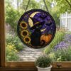 Halloween Black Cat Sunflower Suncatcher, Stained Glass Style Window Hanging, Witch Cat Moon Decor, Fall Sunflower Halloween Gift - Style 9