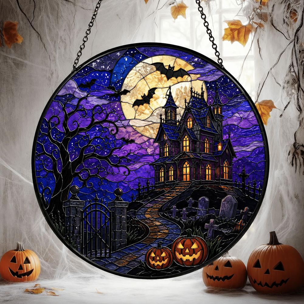 Halloween Stained Glass Suncatcher, Spooky Home Decor, Halloween Suncatcher, Halloween Ornament Suncatcher, Halloween Gift, Stained Suncatcher - Style 1