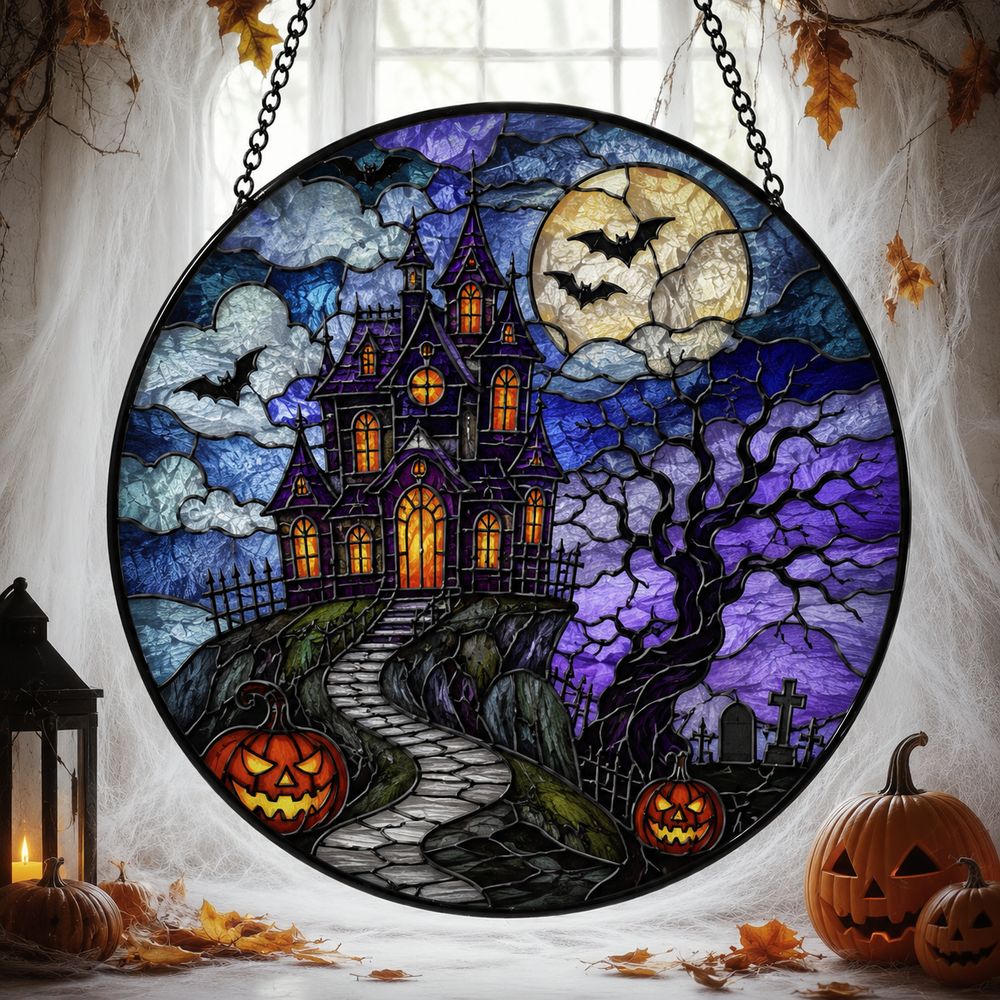 Halloween Stained Glass Suncatcher, Spooky Home Decor, Halloween Suncatcher, Halloween Ornament Suncatcher, Halloween Gift, Stained Suncatcher - Style 7