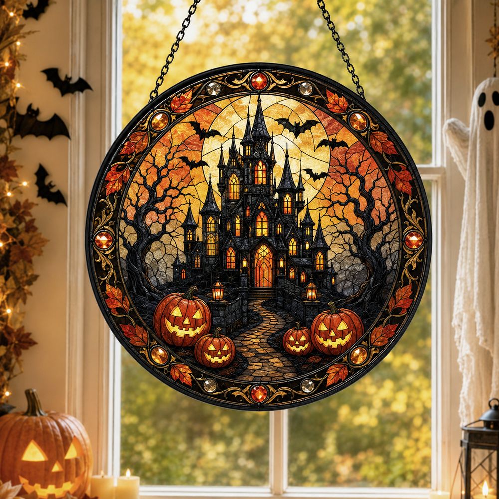 Halloween Stained Glass Window Hanging, Haunted House Suncatcher, Pumpkin Halloween Decor, Gothic Castle Wall Art - Style 10